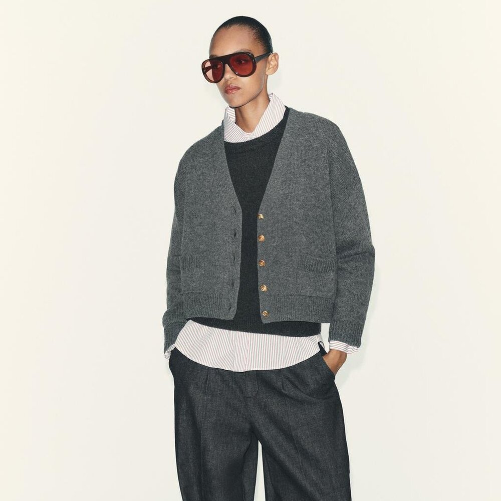 Zara 100% Wool Jacket Small Dark Gray Gold Button V‑Neck RWS Certified NWT